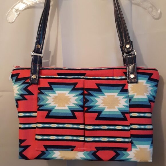 New Southwestern geometric Pink Turquoise Cowgirl Double Handle Satchel Bag Boh - Picture 1 of 10